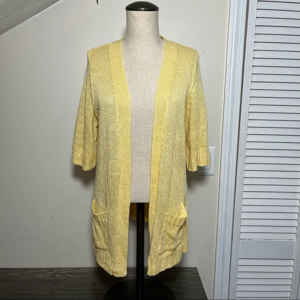 Chico’s Loose Knit Yellow Short Sleeve Cardigan, Size 1 - Picture 1 of 11